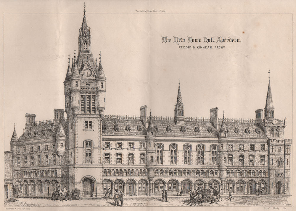 The New Town Hall Aberdeen; Peddle & Kinnear, Architect. Scotland 1868 print